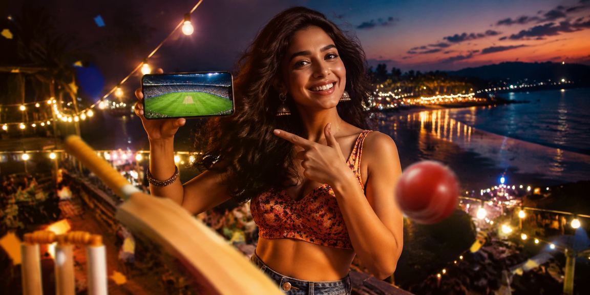 Cricket fans in India enjoying online betting on a beach